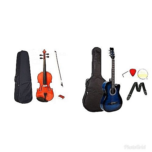 Generic Violin With Complete Accessories - Full 4/4 And Acoustic Guitar With Complete Accessories