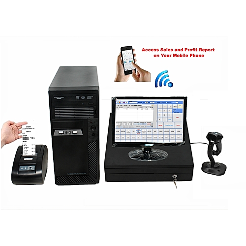 Hicom MONITOR + Desktop Computer + Cash Drawer + Receipt Printer (Auto Cut) + Barcode Scanner + POS Software + Mobile Report Alert