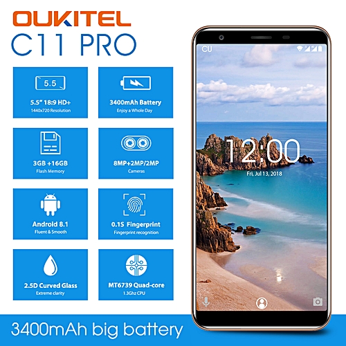 Oukitel C11 Pro 5.5-Inch Android 8.1(3GB RAM 16GB ROM),8.0MP + 2.0MP Dual SIM Card 3400mAh Battery 4G Smartphone-BLACK